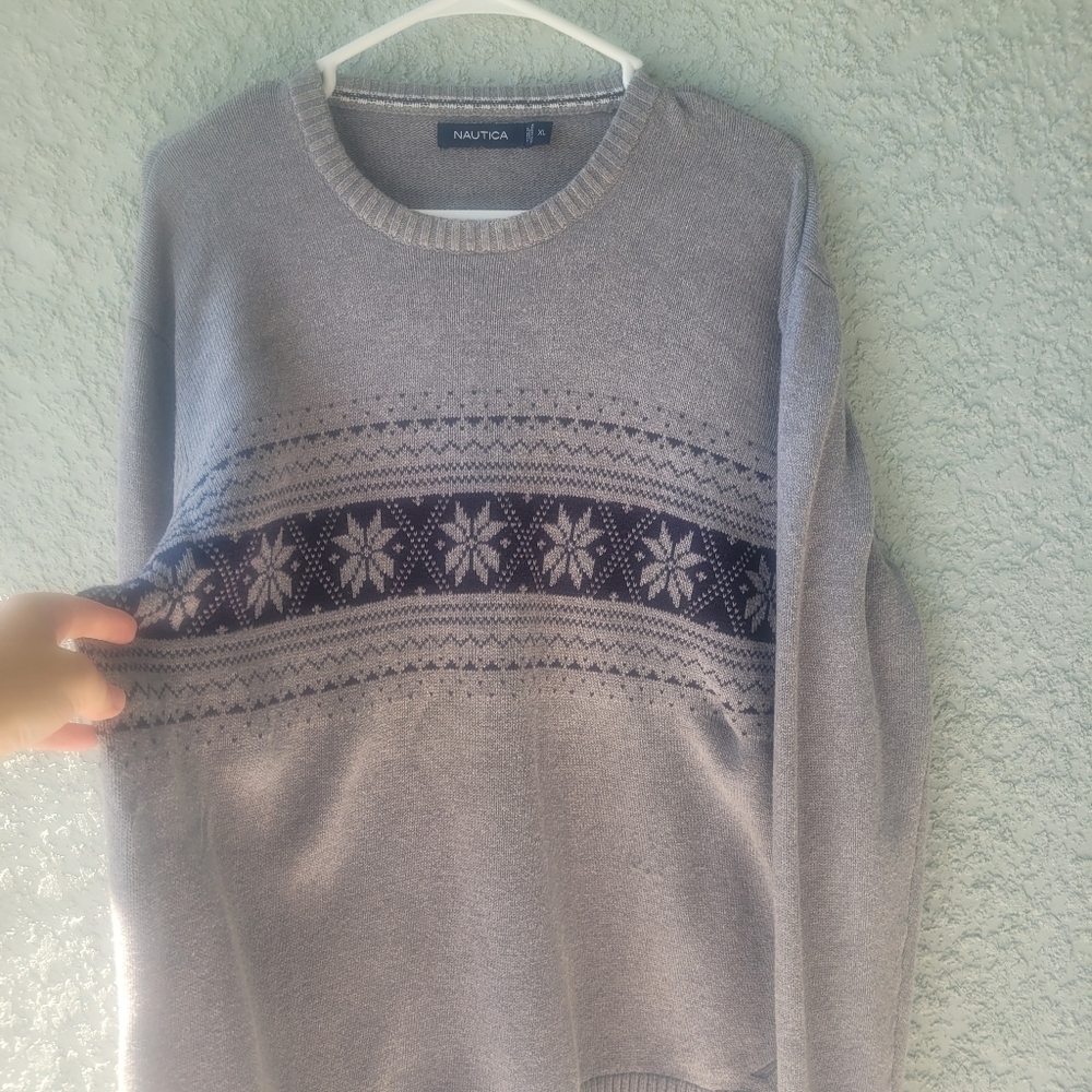 NAUTICA Crewneck Sweater Mens Graphic Sweater Ski Snowflake Nordic Gray - Picture 3 of 6